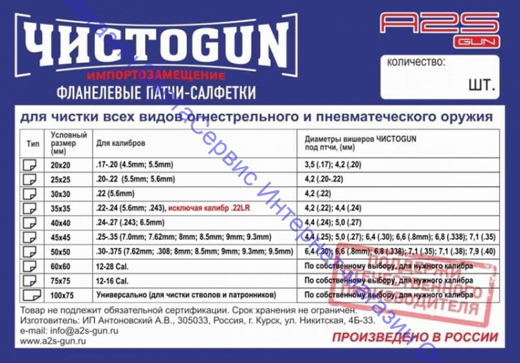 Патчи ЧИСТОGUN фланель, кал. .17-.20, квадрат 20х20 мм, 100 шт., белый, CH-20x20/100  