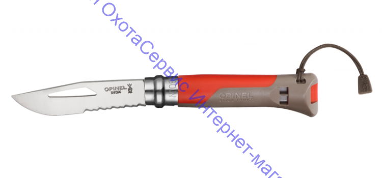 Нож Opinel серии Specialists Outdoor  №08, клинок 8,5см, нерж.сталь, рукоять-пластик, свисток, темляк, красный/серый, 001714