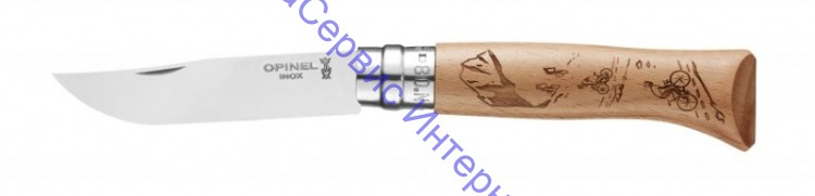 Нож Opinel серии Tradition Alpine Adventures №08, клинок 8,5см, нерж.сталь, рукоять-дуб, рис.-горный велосипед, 002187