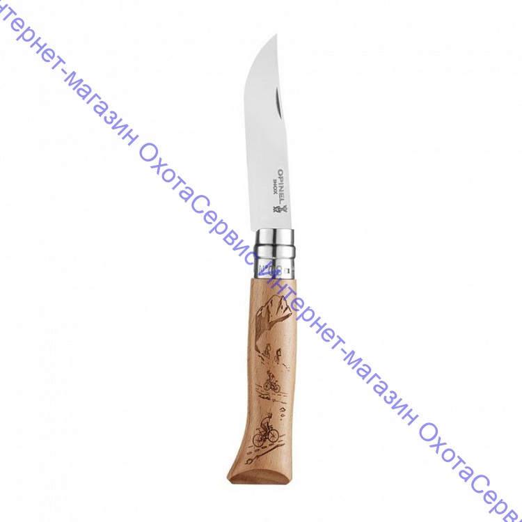 Нож Opinel серии Tradition Alpine Adventures №08, клинок 8,5см, нерж.сталь, рукоять-дуб, рис.-горный велосипед, 002187