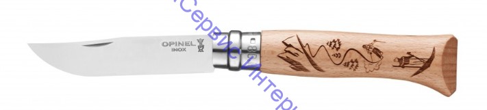 Нож Opinel серии Tradition Alpine Adventures №08, клинок 8,5см, нерж.сталь, рукоять-дуб, рис.-горные лыжи, 002188