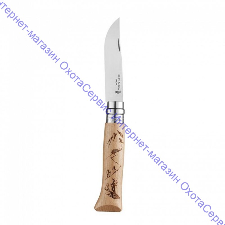 Нож Opinel серии Tradition Alpine Adventures №08, клинок 8,5см, нерж.сталь, рукоять-дуб, рис.-пеший туризм, 002186