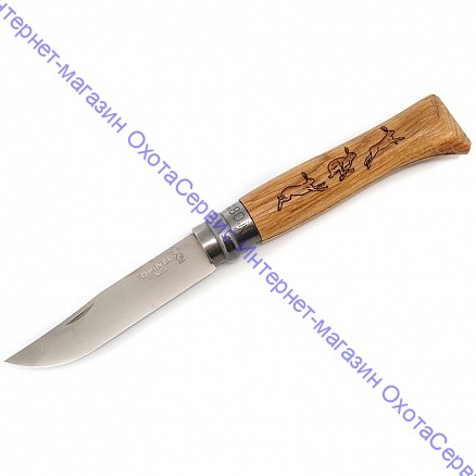 Нож Opinel серии Tradition Animalia №08, клинок 8,5см, нерж.сталь, рукоять-дуб, новый рис.-заяц, 002333
