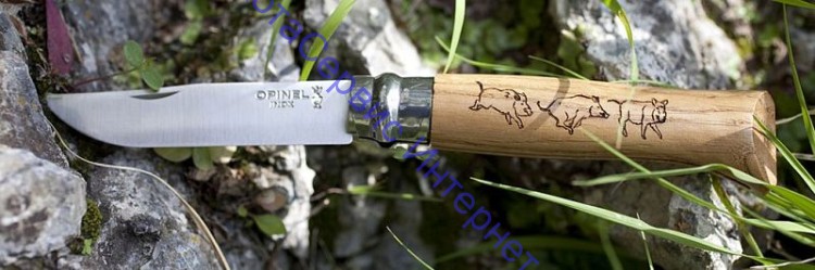 Нож Opinel серии Tradition Animalia №08, клинок 8,5см, нерж.сталь, рукоять-дуб, рис.-кабан, 001624