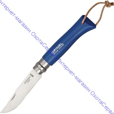 Нож Opinel серии Tradition Colored №08, клинок 8,5см, нерж.сталь, рукоять-граб, цвет синий, темляк, чехол, 001891
