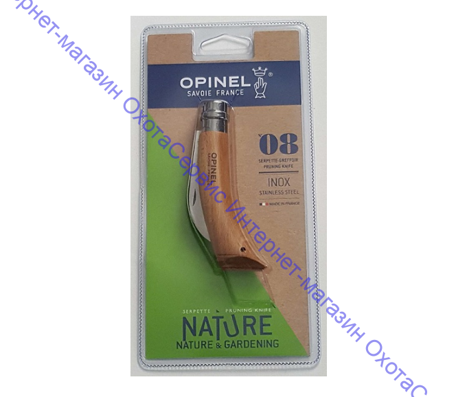 Нож Opinel серии Nature №08, садовый, клинок 8см, серповидный, нерж.сталь, рукоять-бук, блистер, 000656